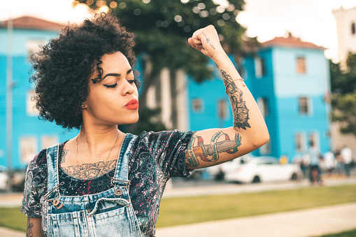 Punk, Woman, Strong arm, Happy, Tattoo