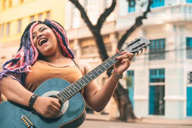 Woman, Musical instrument, Happy, Street, Rock Pop