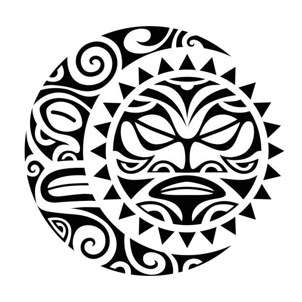 Sun and moon maori style tattoo sketch. Sun and moon maori style tattoo sketch. Round tribal ornament. sun tattoos stock illustrations