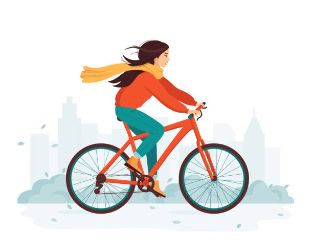 illustrations, cliparts, dessins animés et icônes de jeune femme heureuse monte un vélo dans la ville d’automne. le concept d’activité de plein air et de mode de vie sain à l’automne. transport écologique, véhicule. illustration mignonne de vecteur de dessin animé - cycling bicycle healthy lifestyle green