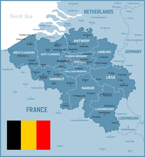 belgische karte mit regionen, navigationssymbolen und belgischer nationalflagge - map germany topographic map vector stock-grafiken, -clipart, -cartoons und -symbole