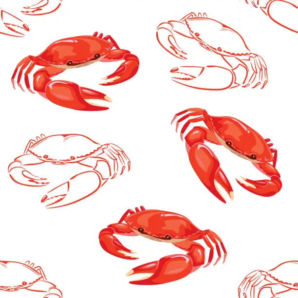 Vector illustration of Seamless pattern with red crabs. Vector illustration in cartoon flat style. Seafood background.