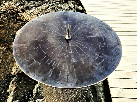 a sun dial on the side of a building in downtown Bellagio, Italy, on the shore of Lake Como.  Panta rei is the  ancient Greek saying, \