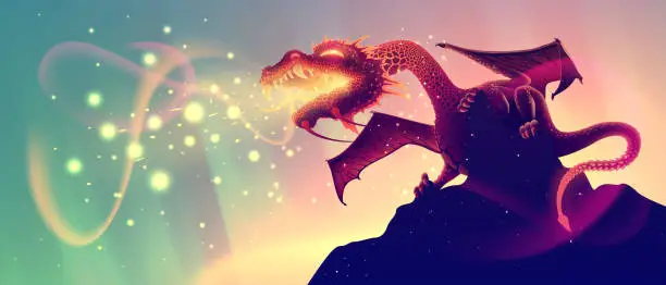 Vector illustration of Realistic fire breathing dragon on a rock with glow flame in vector, fantasy dangerous snake or reptile on a cliffs, detailed illustration in cartoon style.