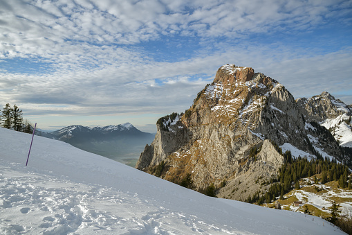 Beautiful view on snowy Grosser Mythen peak in canton of Schwyz in Switzerland