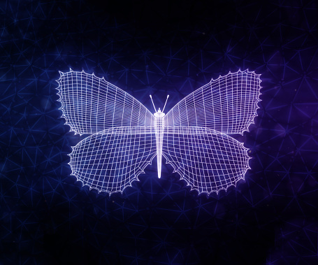 stylized unusual spiny butterfly with open wings on web black background. 3d illustration