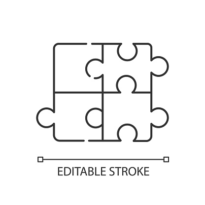 Puzzle linear icon. Jigsaw to solve problem. Metaphor for teamwork. Solution for game. Thin line customizable illustration. Contour symbol. Vector isolated outline drawing. Editable stroke