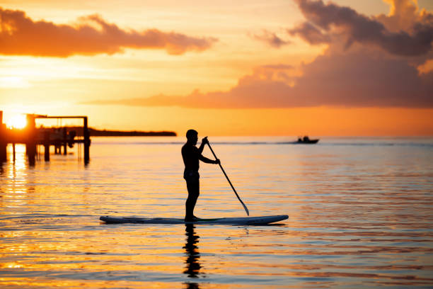 플로리다에서 30 대 패들 보딩에 남자의 실호트 - surfing paddling surfboard sunset 뉴스 사진 이미지
