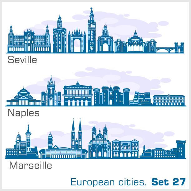 European cities - Naples, Seville, Marseille. Detailed architecture. European cities - Naples, Seville, Marseille. Detailed architecture. Detailed architecture. Trendy vector illustration, line art style. White background. sevilla stock illustrations