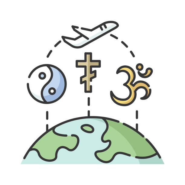 Religious tourism RGB color icon Religious tourism RGB color icon. Spiritual journey, pilgrimage. Exploring worlds religions. Taoism, christianity and hinduism signs isolated vector illustration om logo clip art stock illustrations