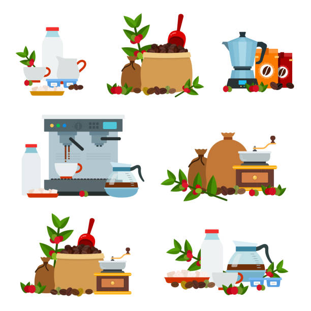 ilustrações de stock, clip art, desenhos animados e ícones de collection of vector icons flat style on coffee theme. - bag coffee bean bean food