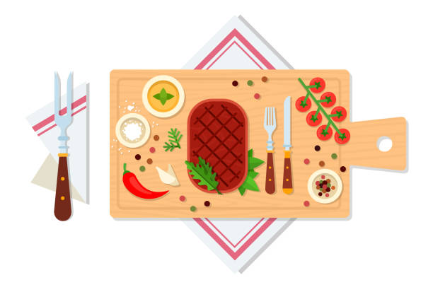 illustrazioni stock, clip art, cartoni animati e icone di tendenza di bistecca di carne cotta su una tavola di legno con verdure, condimenti e illustrazione vettoriale di posate - cooked barbecue eating serving