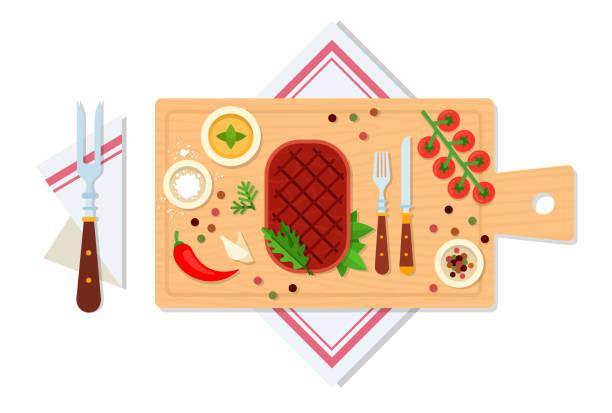 приготовленный мясной стейк на деревянной доске с овощами, приправами и иллюстрацией вектора столовых приборов - cooked barbecue eating serving stock illustrations