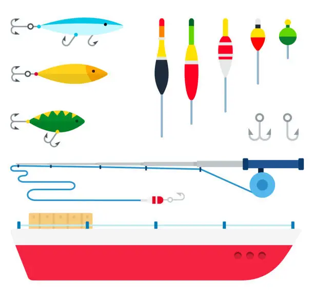 Vector illustration of Illustration of various wobblers, floats, spinning and boat vector in a flat design.