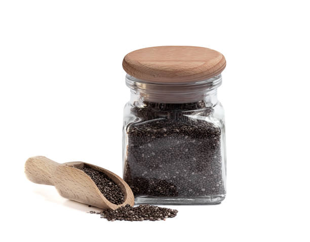 istock dark chia seeds in a glass jar on a white background 1267560950