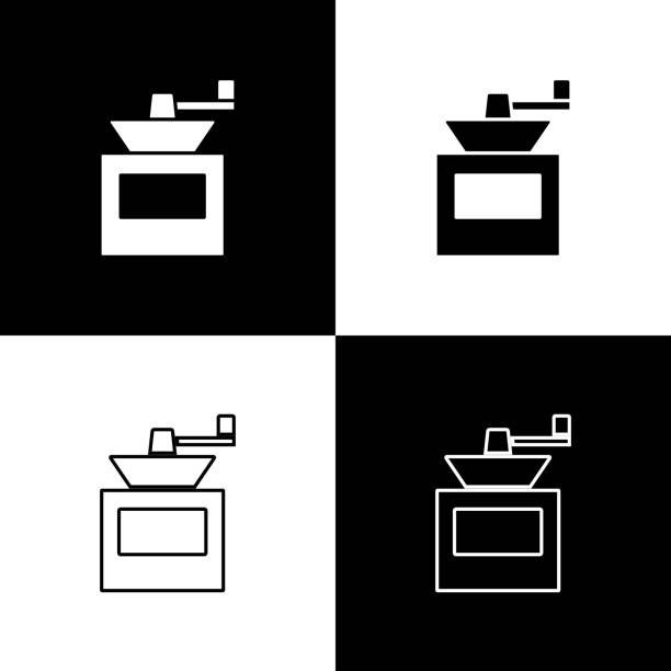 set manuelle kaffeemühle symbol isoliert auf schwarz-weiß hintergrund. vektor - coffee aromatherapy black black coffee stock-grafiken, -clipart, -cartoons und -symbole