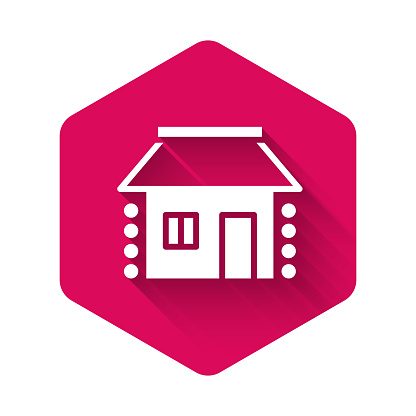 White Old Ukrainian house hut icon isolated with long shadow. Traditional village house. Pink hexagon button. Vector.