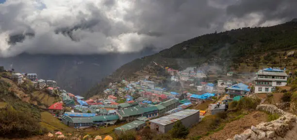 Everest Base Camp Trek. View of the Himalayan valley. The village of Namche bazar. Nepal