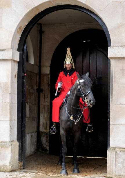 queens cavalry guard monté sur un cheval noir - household cavalry photos et images de collection