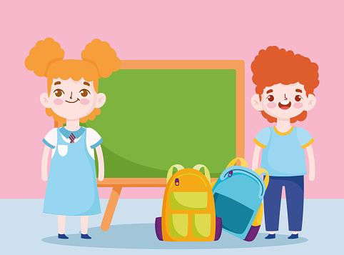 Back To School Student Boy And Girl Chalkboard Bags Elementary Education  Cartoon Stock Illustration - Download Image Now - iStock