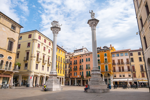 Glimpse of Piazza del Duomo in Florence visited by numerous tourists, where overlooks the cathedral complex: the Cattedrale di Santa Maria del Fiore, the Battistero di San Giovanni and the Giotto's Campanile, all part of the UNESCO World Heritage Site.