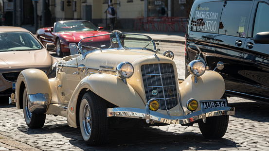 Helsinki, Finland - aug 18th 2020: Auburn Speedster replica vintage car driving on streets of Helsinki. Original cars were manufactured in early 20th century and are really rare.