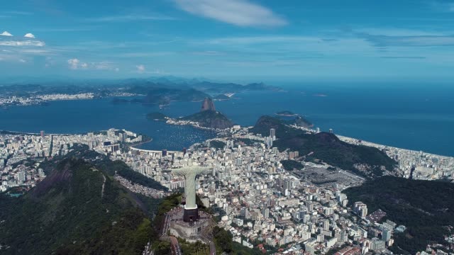 Panorama Landscape of Christ Redeemer Statue, Rio de Janeiro, Brazil. Vacation travel. Travel destination. Rio Tropical Touristic City. Rio de Janeiro, Brazil. Aerial Panoramic Sugarloaf Mountain