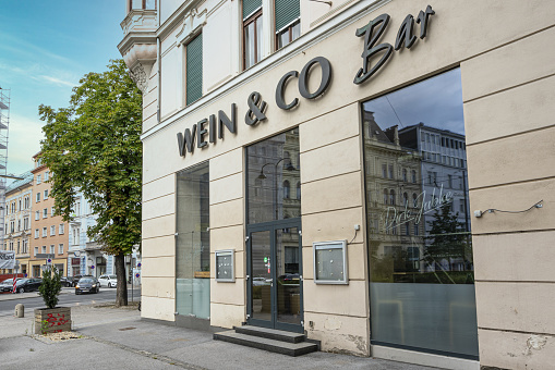 Graz, Austria. August 2020.  External view of Wein & Co. branch store  in Graz