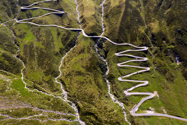 Aerial top view of Spluegen Pass, Graubunden Canton, Swiss Alps.