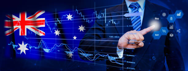 businessman tocando el sistema de procesos de análisis de datos con gráficos financieros kpi, panel de stock y marketing en interfaz virtual. con la bandera de australia en el fondo. - sydney australia fotografías e imágenes de stock