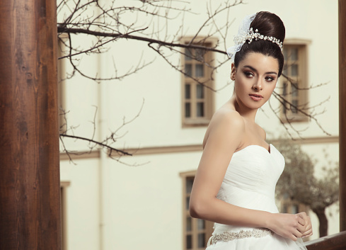 Portrait of beautiful bride in wedding dress with hair bun.