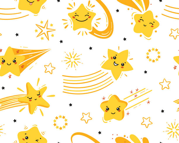 illustrations, cliparts, dessins animés et icônes de little cute shooting stars vector neamless pattern. fond de ciel étoilé de doodle different falling star kawaii characters. papier peint festive stars. conception de fête de vacances et d’anniversaire - star star shape sky night