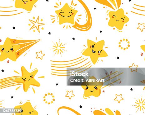 istock Little Cute Shooting Stars Vector Seamless Pattern. Starry Sky Background of Doodle Different Falling Star Kawaii Characters. Festive Stars Wallpaper. Holiday and Birthday Party Design 1267586739