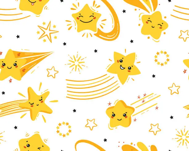 Vector illustration of Little Cute Shooting Stars Vector Seamless Pattern. Starry Sky Background of Doodle Different Falling Star Kawaii Characters. Festive Stars Wallpaper. Holiday and Birthday Party Design