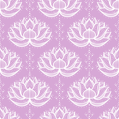 Ethnic Oriental Mehndi Lotus Flower Symbol, Seamless Pattern. White Purple Ornamental Floral Pattern Vector Background