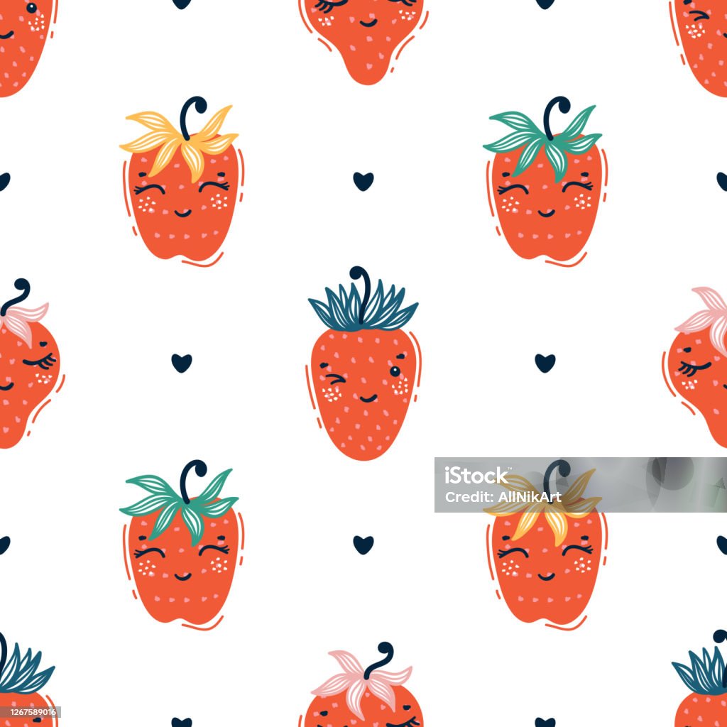 Dâu Tây Đỏ Dễ Thương Hoa Văn Kawaii Strawberries Vector Seamless ...
