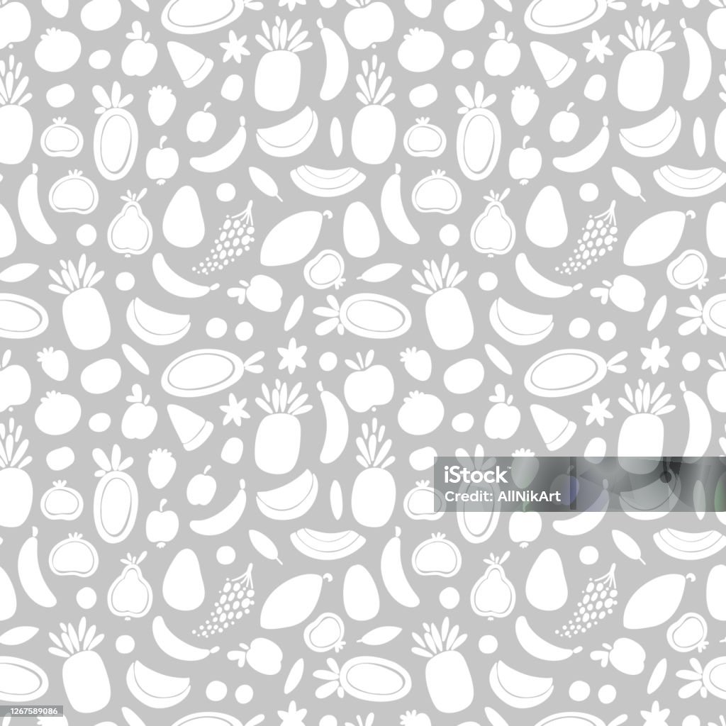 Silhouettes Of Fruits And Berries Vector Seamless Pattern Cartoon  Monochrome Tropical Fruit Wallpaper Healthy Summer Food Gray White  Background Stock Illustration - Download Image Now - iStock