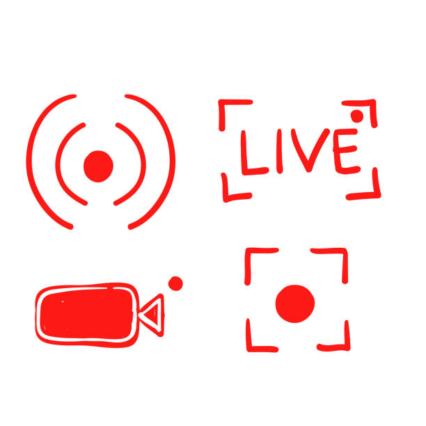 legen sie handgezeichnete live-streaming-symbole fest. satz von video-übertragung und live-streaming-symbol. button, rote symbole für tv, nachrichten, filme, shows. doodle - buttoning stock-grafiken, -clipart, -cartoons und -symbole