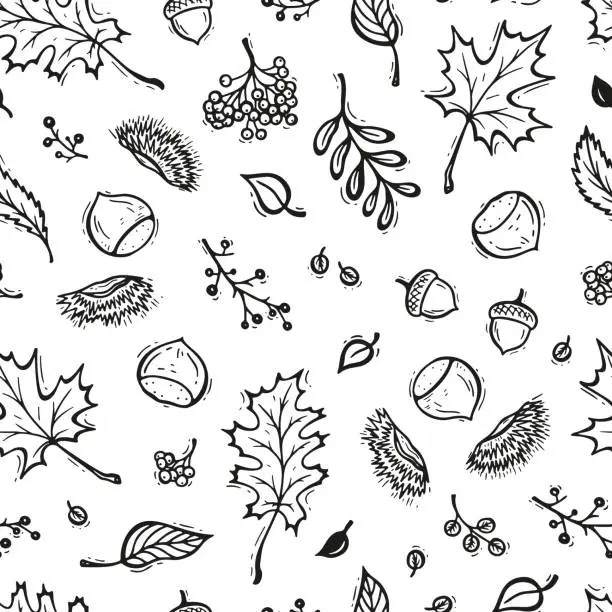 Vector illustration of Autumn Vector Seamless Pattern. Hand Drawn Doodle Different Tree Leaves, Chestnuts, Rowan, Flowers and Berries. Black and White Background