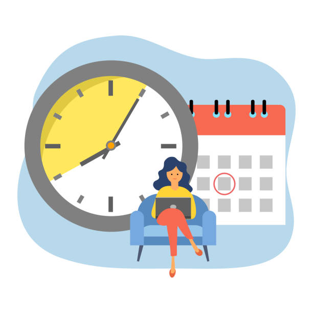 ilustraciones, imágenes clip art, dibujos animados e iconos de stock de ilustración vectorial del concepto de gestión del tiempo sobre fondo blanco. mujer trabajando con portátil con gran reloj y calendario en el fondo en diseño plano. - deadline urgency calendar women