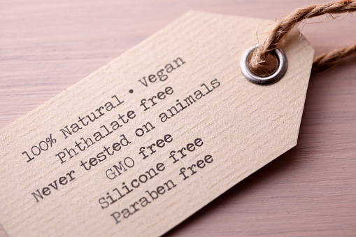 Paraben, phthalate, gmo and silicone free vegan cosmetics label.