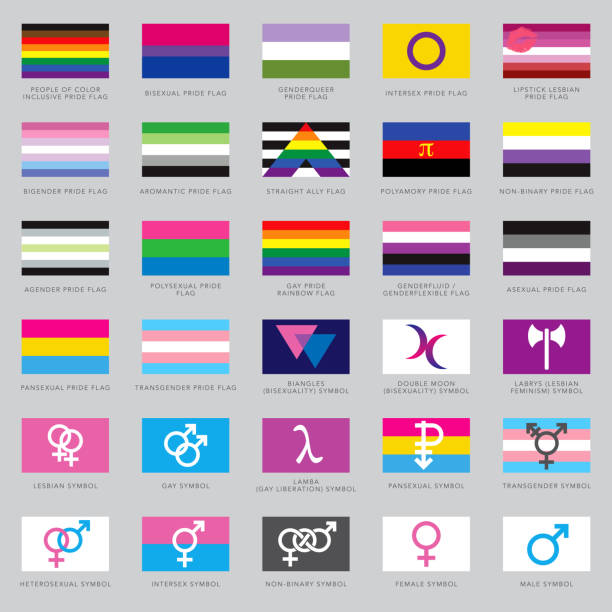 LGBTQ+ Flags and Symbols A set of gender identity and LGBTQ+ flags and symbols. File is built in CMYK color space for optimal printing. Flags, captions and background are all on separate layers for easy editing. pride flag icon stock illustrations