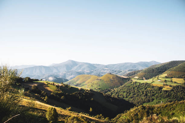 top view mountains landscape with forests, blue sky, Bierzo mountains