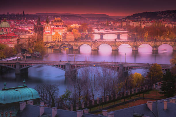 istock Above Prague panorama with Bridges at sunset – Czech Republic 1267608086