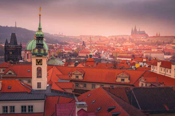 05/30/2022, Prague city, Czech republic. View of Prague old town from a gothic tower. Overcast sky, Springtime.\nNo people.