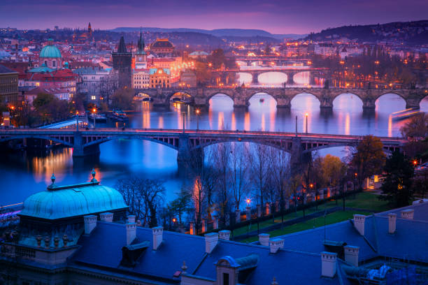 istock Above Prague panorama with Bridges at night – Czech Republic 1267608264
