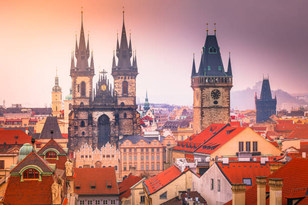 istock Prague panorama from above at gold sunset – Czech Republic 1267608852