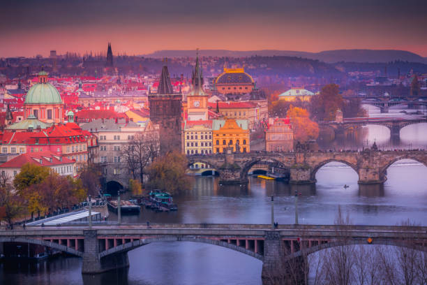 istock Above Prague panorama with Bridges at sunset – Czech Republic 1267608862