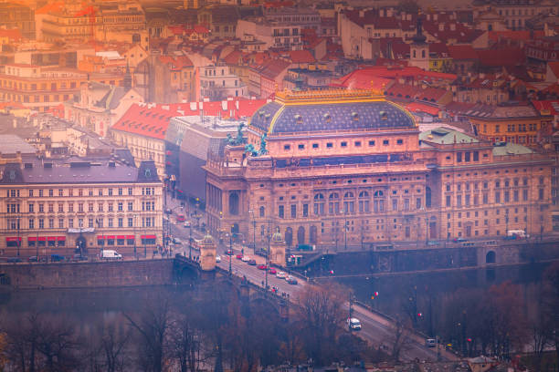 St. Vitus Cathedral, Charles Bridge and Vltava river in Praha by dusk
