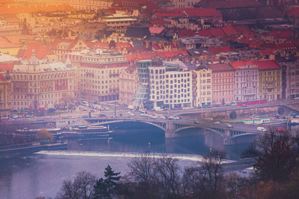 Prague with bridge panorama from above at sunset – Czech Republic